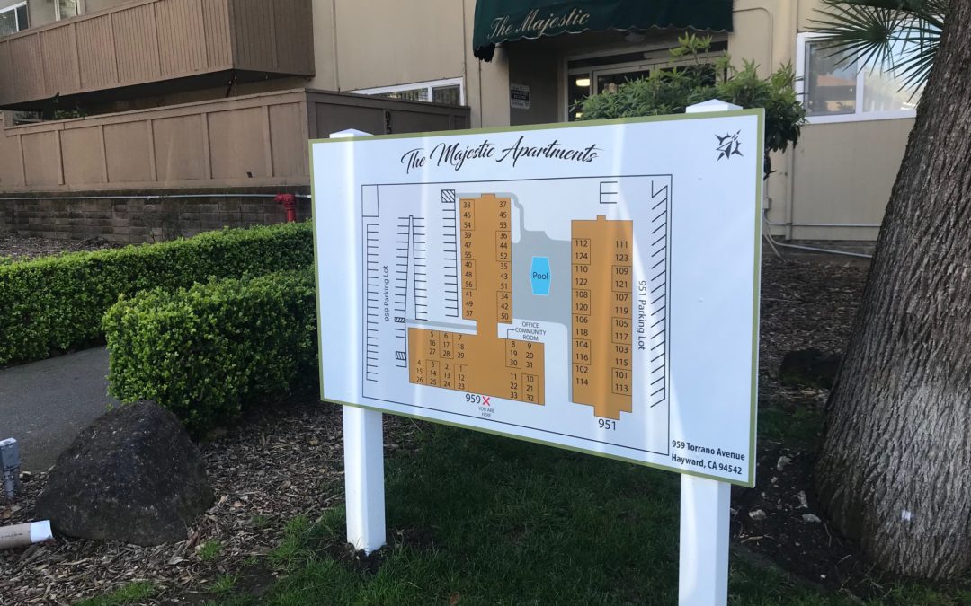 Hayward, CA – Corrections To Majestic Apartments Post and Panel Wayfinding Directory Sign Now Complete